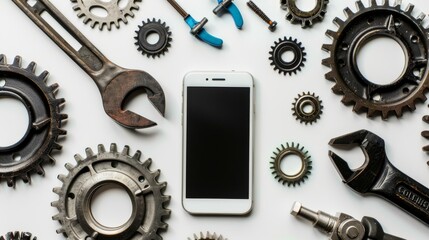 Poster - the concept of tech support, warranty service, and repair using a smartphone, gears, and tools on a 