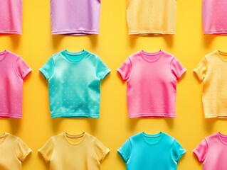 Poster - Graphic Tees on Vibrant Yellow Background in a Dynamic Display of Textile Realism and Light Effects