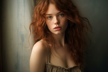 Wall Mural - A portrait of a young woman with curly red hair, gazing softly near a window