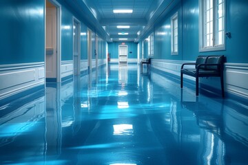 Poster - An empty hallway casting reflections on its shiny blue floor, suggesting solitude and tranquility in a modern setting