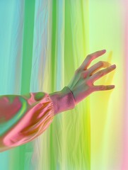 Poster - Young Caucasian Woman Adjusting Colorful Graphic Tee on Mannequin in a Minimalist Light Green Studio Setting During a Digital Fabric Simulation Photography Session