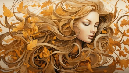 Wall Mural - Golden Goddess: Elegant Woman with Gilded Hair Amidst a Shower of Petals, Beauty and Fantasy Combined