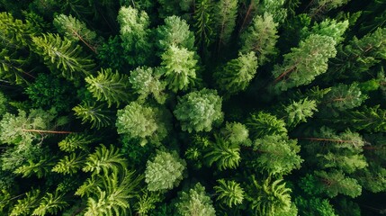 Wall Mural - An overhead perspective captures the lush green canopy of trees in the rural forests of Finland during the summer months, as seen through drone photography.





