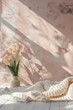 Morning Serenity: Soft Pink Plaster Wall with Ethereal Tulip Shadows in a Dreamy Garden Nook - Spring Renewal Theme