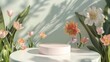 Serene Spring Display: Pastel Pink Podium Amidst Vivid Tulips and Daffodils in Dreamy Meadow Setting with Soft Pastel Skies