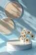 Ethereal Spring Display: Delicate Flowers on Textured Glass Podium Against Soft Blue Background, Dreamy Daylight Mood