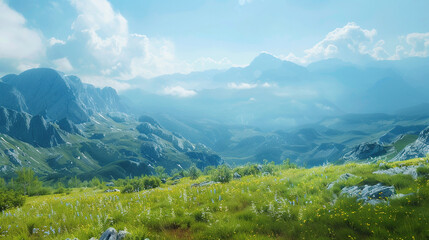 Poster - breathtaking panorama of morning wild nature high in mountains