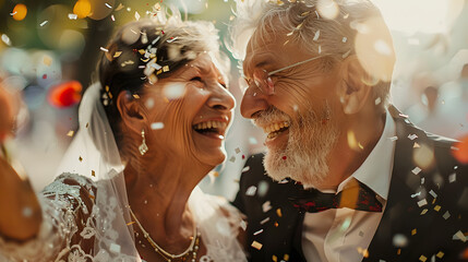 Sticker - Candid senior couple renewing their vows at their wedding day. mature married couple celebrating with confetti. celebration of love. ai generated