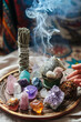 Charming esoteric altar with quartz crystals Mystical and sublime crystal altar with gemstones, dried flowers and candles, crystals for rituals, zzoterics and occult practices, energy, cleansing.