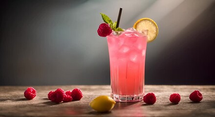 Wall Mural - Spring or summer refreshing cold cocktail or mocktail with berries and lemon raspberry lemonade being stirred with a straw