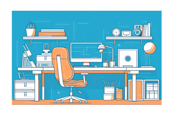 Poster - A desk is set up with a computer and chair ready for use. The computer screen is on, showing an open document