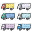 Handdrawn trucks various colors, side view cartoon vehicles illustration. Colorful delivery trucks collection, cargo vehicles sketched. Set truck drawings, colorful cargo