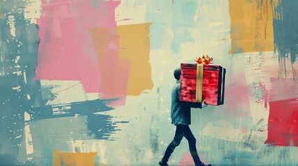 A man carries a large gift box. Collage art.