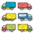 Colorful cartoon delivery trucks lined up, truck different color. Handdrawn style vehicles transportation, cargo logistics. Bright red, blue, yellow, green delivery trucks isolated, side view