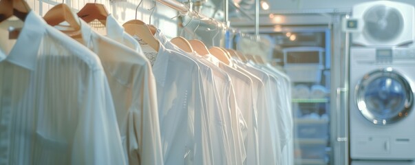 Clothes hanging on a hanger in the laundry room.