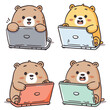 Four cute cartoon bears using laptops, different colored laptops expressing various emotions. Top left brown bear looks happy, top right yellow bear seems surprised, bottom bears look content
