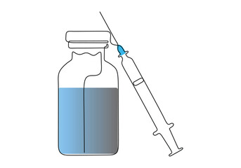 Wall Mural - One continuous line drawing of medical syringe and vial simple illustration of vaccine and injection syringe vector illustration. Pro vector 