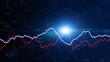 Artistic blue and red financial stock lines economy graphs with glowing spot light and numbers illustration background.