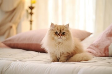 Full-length portrait photography of a curious persian cat playing in front ofn inviting bed