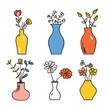 Six colorful vases flowers, simple line art, modern decor. Brightly colored vases, minimalist floral design, home decoration. Handdrawn flowers vases, color palette, isolated