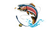 NOT AI. Rainbow trout jumping out of water. Salmon isolated on white background. Isolated handrawn  fishing logo vector .