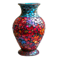 Front view of a mosaic glass vase with an array of colorful tesserae arranged in intricate patterns isolated on a white transparency background