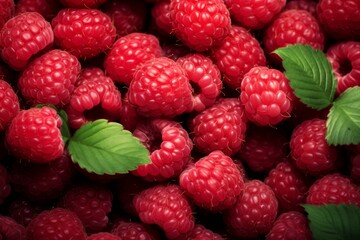 Poster - close-up of juicy red raspberries nestled among vibrant green leaves