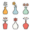 Six colorful vases flowers line art vector illustration. Simple decorative blooms orange, blue, red ceramic vases. Flat design style flower arrangements graphic isolated white background