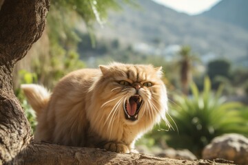 Wall Mural - Full-length portrait photography of a funny persian cat growling over beautiful nature scene