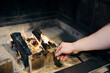 Partial male chef hand frying marshmallow on tree branch in burning fire place