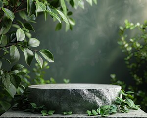 Poster - 3D stone podium with natural green leaves. Background for products of natural green color.