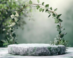 Poster - 3D stone podium with natural green leaves. Background for products of natural green color.