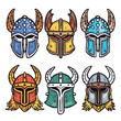 Set six viking helmets colorful cartoonstyle illustration. Helmets feature horns design, different colors, traditional Norse warrior look. Variations depict historical Scandinavian armor headgear