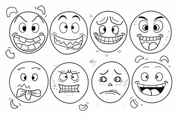 Whimsical cartoon faces displaying a variety of expressions, perfect for coloring pages for kids.