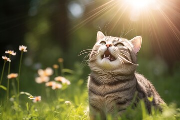 Canvas Print - Medium shot portrait photography of a happy american shorthair cat begging for food in beautiful nature scene