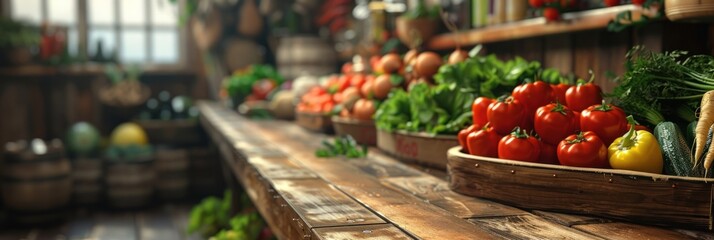 Vibrant vegetables and ripe fruits showcased for sale on a rustic wooden counter.