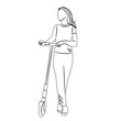 sketch of a woman with a scooter on a white background vector