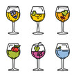 Set six wine glasses filled different beverages, glass adorned fruit motif. Vibrant colored drinks clear stemware, ranging yellow pink blue, unique fruit garnish. Simple line art style rendering