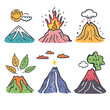Handdrawn colorful volcanoes mountains cartoon, erupting, snowy covered greenery. Different types volcanic activity illustrated, mountains snow, lava, sun clouds. Cartoonstyle nature landscapes