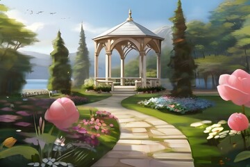 Wall Mural -  A serene garden with blooming flowers and a winding path leading to a secluded gazebo