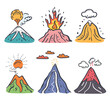 Collection colorful doodle mountains mountain unique, displaying eruptions, snow, sun, clouds. Handdrawn style nature landscape, cartoon mountains, volcanic activity, snowy peaks