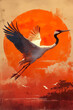 A Chinese crane flies in the middle of an orange-red sun background. and the side is the sea, poster style.