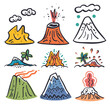 Handdrawn cartoon volcanoes erupting, peaceful, various shapes colors, tropical palm tree. Vibrant doodle art style, geology, geography education, colorful lava activity, nature disaster. Cartoon