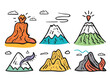 Colorful volcano illustration set featuring various eruption stages. Handdrawn cartoon volcanoes erupting, smoking, dormant. Whimsical volcano doodles ideal educational material