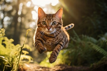 Wall Mural - Environmental portrait photography of a happy bengal cat jumping over beautiful nature scene