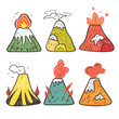 Colorful cartoon volcanoes erupting, smoke, lava. Handdrawn doodle style six volcanoes, varied eruptions, playful designs. Isolated illustrations, vibrant colors, geology, nature, disaster theme