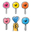 Handdrawn colorful lollipops, heartshaped round, sketched sweets, hand holding blue heart lollipop. Childlike drawing, playful confectionery, vibrant cartoon candy, isolated doodles. Fun vector