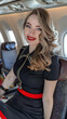 Full body image of a beautiful, smiling European airline stewardess. sitting in airplane Incarnadine stockings.