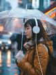 A Teen Open an umbrella in rain and listening music