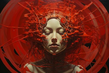 Poster - Artistic rendering of a woman with an abstract red techno structure enveloping her head